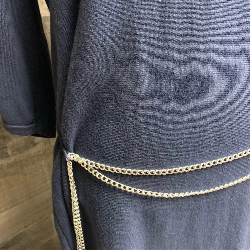 Chaps dark blue dress with silver chain belt sIze L Dolman sleeves - Picture 2 of 8